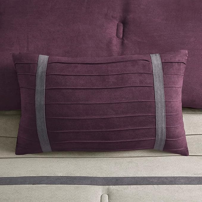 Madison Park Palmer Comforter Set - Faux Suede Design, Striped Accent, All Season Down Alternative Bedding, Matching Shams, Decorative Pillow, Bed Skirt, King (104 in x 92 in), Purple 7 Piece