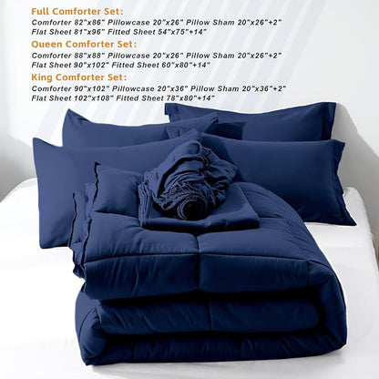 COZYART King Comforter Set 7 Pcs, Navy Blue Bed in a Bag, All Season Lightweight Soft Reversible Bedding Set, 1 Comforter, 1 Flat Sheet, 1 Fitted Sheet, 2 Pillow Shams, 2 Pillowcases