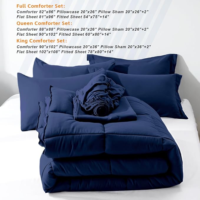 COZYART Queen Comforter Set 7 Pcs, Navy Blue Bed in a Bag, All Season Lightweight Soft Reversible Bedding Set, 1 Comforter, 1 Flat Sheet, 1 Fitted Sheet, 2 Pillow Shams, 2 Pillowcases