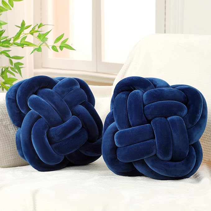 2 Pcs Knot Pillow Balls Set, 12 Inch Soft Decorative Throw Knot Pillow Ball, Large Square Knotted Floor Cushion for Living Room Bedroom Sofa Couch Bed Home Decoration (Navy Blue)
