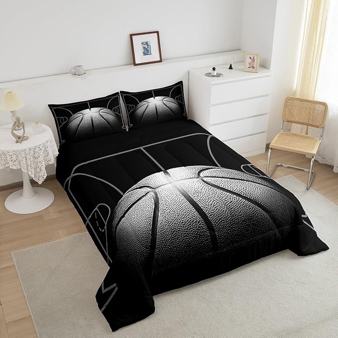 Erosebridal Boys Comforter Set Queen,Black Basketball Bedding Set for Boys,Sports Down Comforter for Basketball Player,3D Basketball Bed Set with 2 Pillowcases Lightweight