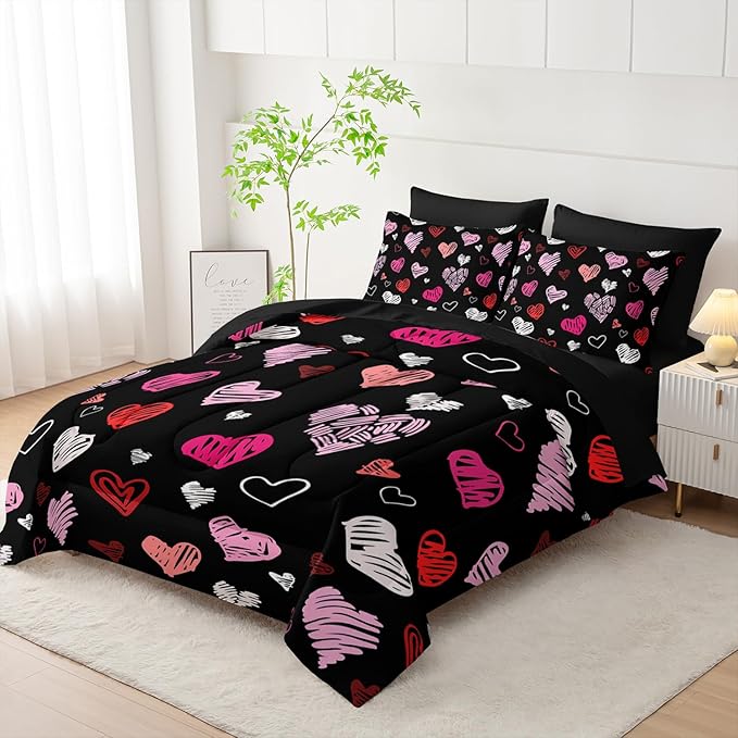 Love Black Comforter Set King Size 7Pcs，Love Valentines Day Romantic Soft Bedding Set Pink Watercolor Kawaii Cartoon Love Heart Geometric, Bed Sheet Set Cartoon Love Decor