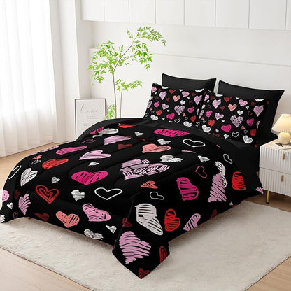 Love Black Comforter Set King Size 7Pcs，Love Valentines Day Romantic Soft Bedding Set Pink Watercolor Kawaii Cartoon Love Heart Geometric, Bed Sheet Set Cartoon Love Decor