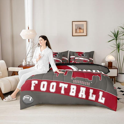 Erosebridal Football City 7 Pcs Comforter Set King Football Bedding for Boys Girls Grey Red Rugby Game Sheet Set Bed in A Bag Football Fans Bedroom Decor Sports Ball Team Bed Set