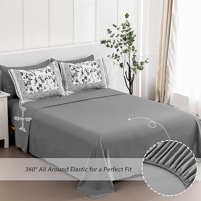 Dobuyly Floral King Size Comforter Set, Grey Flowers on White Botanical Bedding Set 7 Piece Bed in a Bag King, Soft Microfiber Bedding Comforter Sets with Sheets for All Season
