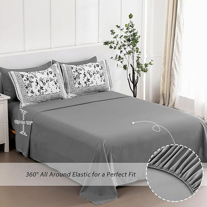 Dobuyly Floral King Size Comforter Set, Grey Flowers on White Botanical Bedding Set 7 Piece Bed in a Bag King, Soft Microfiber Bedding Comforter Sets with Sheets for All Season