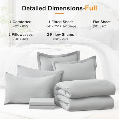 Full Comforter Set 7 Piece - Soft Bed in a Bag Queen Size Comforter Sets, Cozy Luxury Bedding Sets with All Season Comforter, Flat Sheet, Fitted Sheet,2 Pillowcases & 2 Shams, Light Gray
