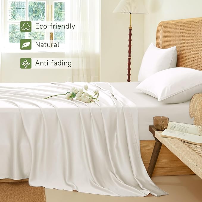 THXSILK Luxury Mulberry Silk Bed Sheets Set - 4pcs Silk Sheets Set 16" Deep Pocket - 1 Fitted Sheet, 1 Flat Sheet, 2 Pillowcases with Zipper Closure - Full, White