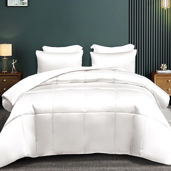 Whale Flotilla 2-Piece Reversible Silky Soft Twin Size Comforter Bedding Set, Luxurious Satin Comforters with Satin Pillowcase, Lightweight Duvet for All Seasons, White