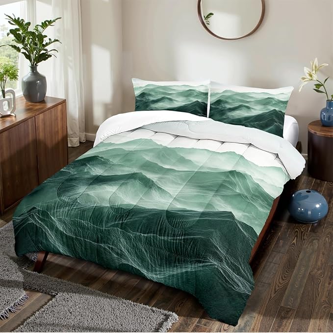 Emerald Green Comforter Set Queen Size Green Mountain Bedding Set for Kids Girls Boys 3 Pieces Nature Landscape Bedding Soft Lightweight Down Comforter with 2 Pillowcases