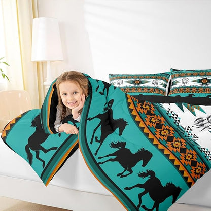 Feelyou Boho Comforter Set Queen Size Southwestern Native Aztec Comforter Bohemian Dream Catchers Bedding Set Horses Duvet Set Room Decor Azure Quilt Set