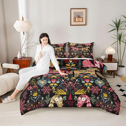 Swedish Dala Horses Comforter Set Twin Size,Farmhouse Floral Bedding Sets 2Pcs for Kids Girls Boys Women Room Decor,Flower Squirrel Bird Quilted Duvet Rustic Bohemian Down Comforter,1 Pillowcase