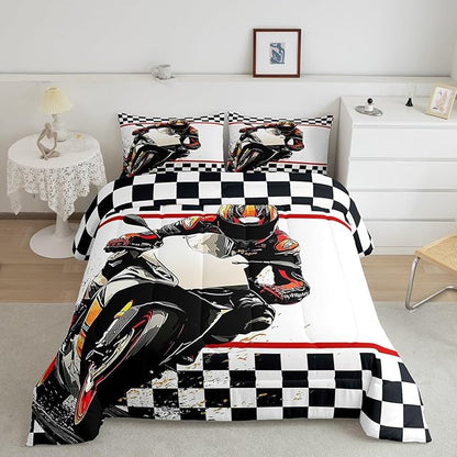 Feelyou Dirt Bike Comforter Set Queen Size Racing Motocross Rider Comforter for Boys Girls Teens Extreme Sports Bedding Set Flag Duvet Set Room Decor Off White Quilt Set