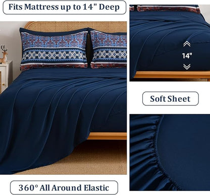 Boho Comforter Set Queen Size,7 Pieces Bohemian Comforter Bedding Set Bed in a Bag,Navy Blue Paisley Floral Comfortet and Sheet Set,Soft Striped Bedding Sets for All Season