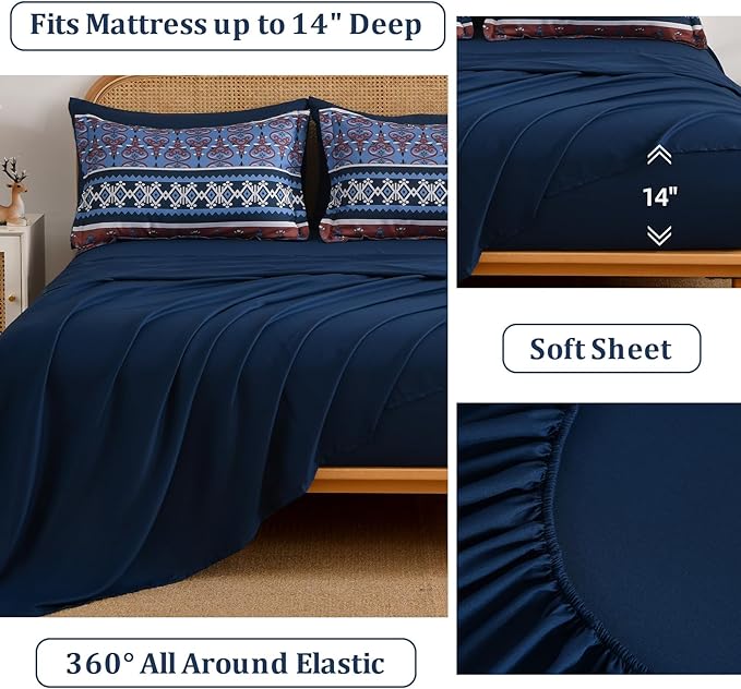 Comforter Set King Size Boho,7 Pieces Bohemian Bedding Comforter Set Striped Bed in a Bag,Navy Blue Paisley Floral Comfortet and Sheet Set,Soft Microfiber Bedding Sets for All Season