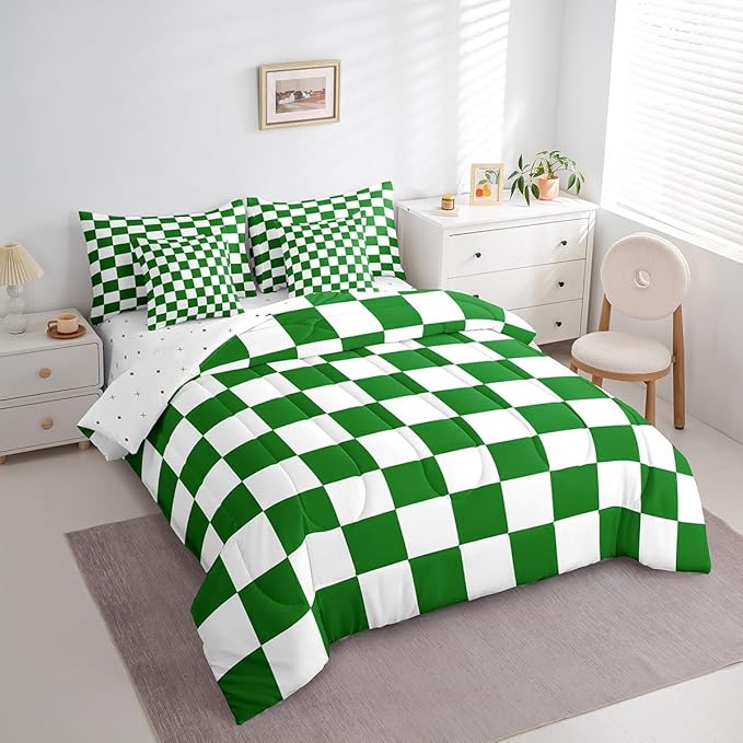 Feelyou Checkered Retro 7 Piece Bedding Set Teen Women Men Green White Plaid Comforter Set with Sheets King Size Kids Boys Geometric Vintage Bed in a Bag Modern Simple Groovy Aesthetic Room Decor