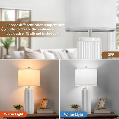TOBUSA 28’’ Modern White Ceramic Lamps Set of 2 for Living Room, Vintage Nightstand Lamps for Bedroom, Farmhouse Bedside Lamps with Linen Shade, Elegant Decor Lamp Sets for Home Office