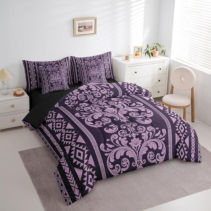 Comforter Set Full Size, Lilac Aztec Damask 7 Pcs Bedding for Kids and Adults, Victorian Decor Western Baroque Goth Bed Sheet Sets with Fitted Sheet 2 Pillowcases & 2 Shams for Bedroom Bed Decor