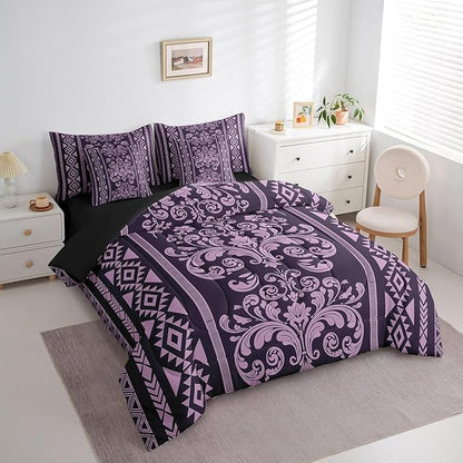 Comforter Set Twin Size, Lilac Aztec Damask 7 Pcs Bedding for Kids and Adults, Western Bohemian Goth Floral Victorian Bed Sheet Sets with Fitted Sheet 2 Pillowcases & 2 Shams for Bedroom Bed Decor