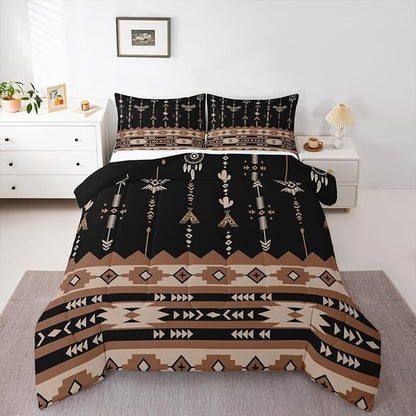 Feelyou Black Brown Southwestern Aztec Bedding Set Full Size Boho Western Comforter Set Boys Girls Vintage Geometric Tribal Duvet Quilt