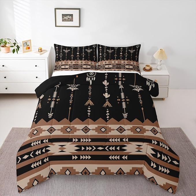 Feelyou Black Brown Southwestern Aztec Bedding Set Queen Size Boho Western Comforter Set Boys Girls Vintage Geometric Tribal Duvet Quilt