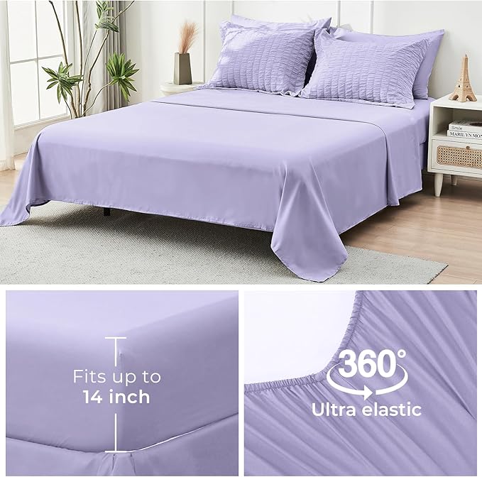 HYMOKEGE Light Purple Queen Comforter Set Seersucker 7 Pieces, All Season Luxury Bed in a Bag Queen for Bedroom, Bedding Set with Comforter, Sheets, Pillowcases & Shams