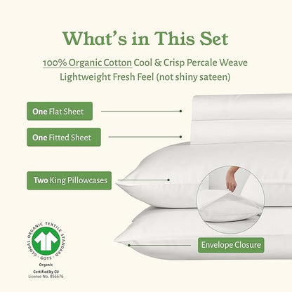 California Design Den King Sheets Set - Soft 100% Organic Cotton Sheets with Deep Pockets, Crisp Percale, Breathable and Durable Bedding Set - True Ivory