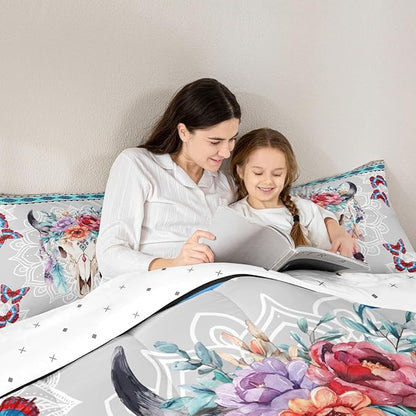 Bull Skull Comforter Set Twin Size,Western Tribal Dream Catcher Feather Butterfly Bedding Set,Mandala Floral Quilt Set for Kids Girls Boys Room Decor,Vintage Boho Duvet Insert,1 Pillowcase