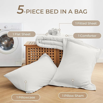 Sasttie Twin Comforter Set, 5 Pieces Bed in a Bag Twin, Complete Bedding Set Includes Comforter, Flat Sheet, Fitted Sheet, Pillowcase and Pillow Sham, Ivory