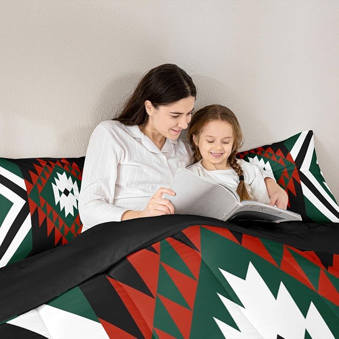 Feelyou Southwestern Aztec Tribal Comforter Set Red Green Boho Western Queen Size Bedding Set for Kids Boys Girls Vintage Geometric Duvet Quilt