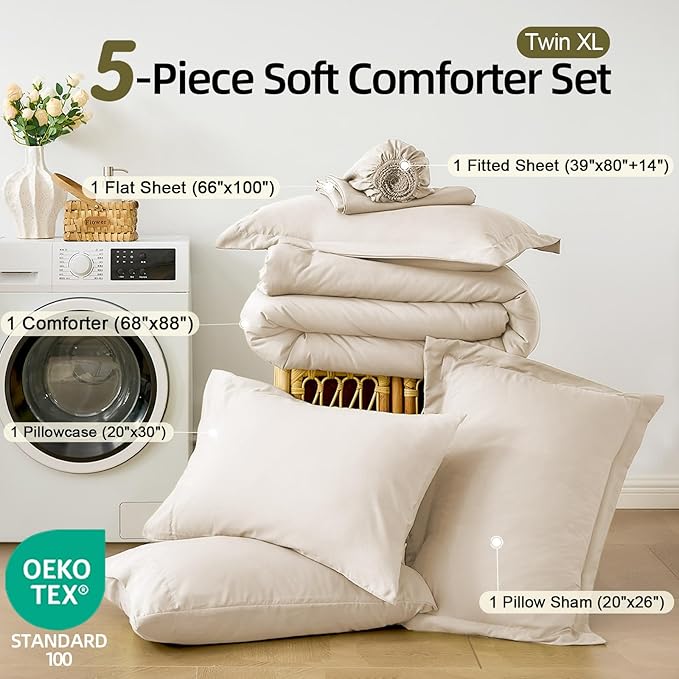 FUANNA Twin XL Comforter Set Beige, 5 Pieces Soft Twin XL Size Bedding Sets, All Season Lightweight Bed in a Bag with Comforter, Flat Sheet, Fitted Sheet, Pillowcase & Sham
