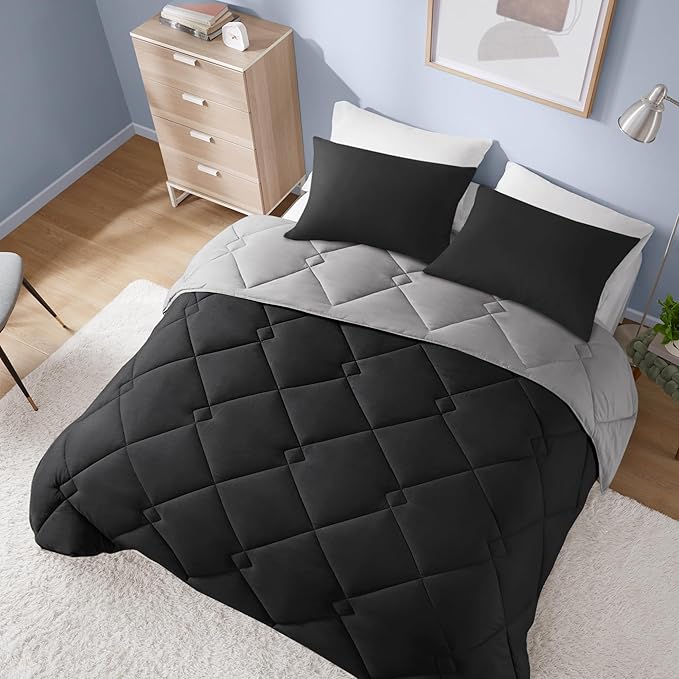 Comfort Spaces Vixie Reversible Comforter Set - Trendy Casual Geometric Quilted Cover, All Season Down Alternative Cozy Bedding, Matching Sham, Black/Gray, Full/Queen 3 piece
