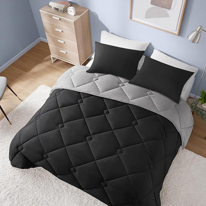 Comfort Spaces Vixie Reversible Comforter Set - Trendy Casual Geometric Quilted Cover, All Season Down Alternative Cozy Bedding, Matching Sham, Black/Gray, King 3 piece
