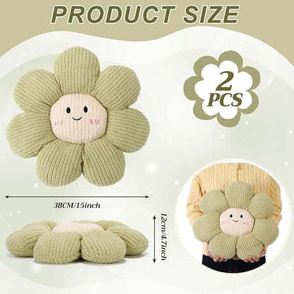2 Pcs Smile Face Flower Pillows 15" Green Flower Throw Pillows Decorative Daisy Floor Seating Cushion Aesthetic Cute Seat Cushion for Bed Sofa Couch Home Decor Bedroom Living Room Chair