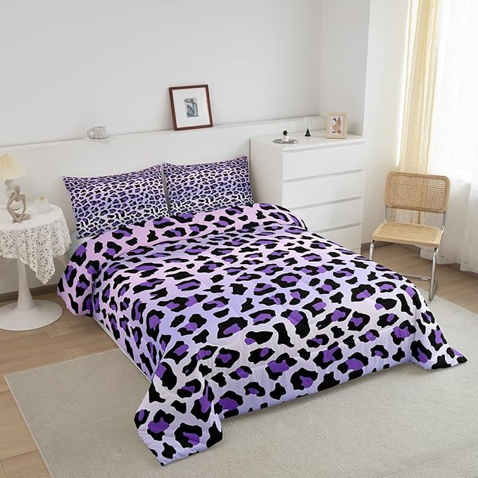 Feelyou Purple Leopard Bedding Set Cheetah Comforter Set for Kids Boys Girls Teens Room Decor Animal Print Comforter Full Size Safari Duvet Set 3Pcs