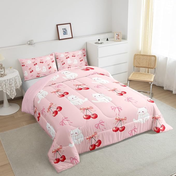 Feelyou Pink Girls Bow Comforter Set Full Size Cute Cat Bedding Set for Boys Teens Decor Kawaii Cherry Print Comforter Cute Bowknot Duvet Set Bedroom Lovely Bow Quilt Set 3Pcs