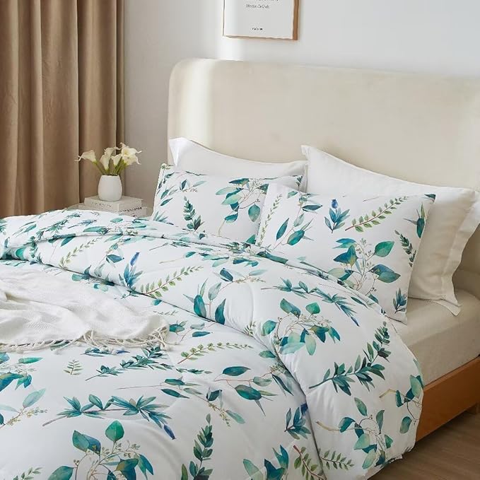 MKXI Rustic Floral Comforter Set White and Blue Full Size Botanical Bedding Comforters Branch Floral Duvet Lightweight Turquoise Leaves Pattern Aesthetic Bed Set 1 Comfortert + 2 Pillowcases