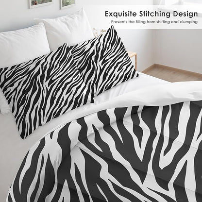 Comforter Set King Size, Zebra Stripe Animal Soft 3 Pcs Bedding for Kids and Adults, Black White Comforter Set with Pillowcase, for Bedroom Bed Decor