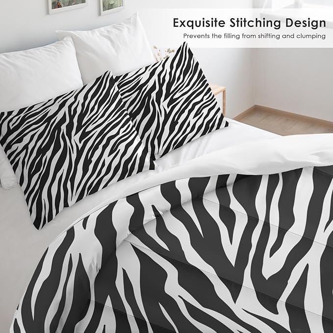 Comforter Set Queen Size, Zebra Stripe Retro Soft Bedding for Kids and Adults, Black White Animal Comforter Set with Pillowcase, for Bedroom Bed Decor