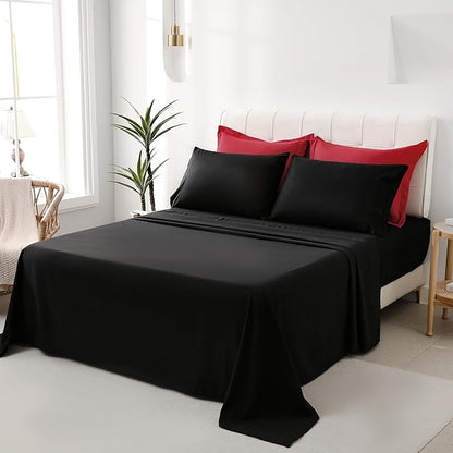 DOWNCOOL Full Size Comforter Sets, 7Pcs Full Size Bedding Sets Red/Black, All Season Down Alternative Bedding Comforter Sets with Comforter, Flat Sheet, Fitted Sheet, 2 Pillow Shams & 2 Pillowcases