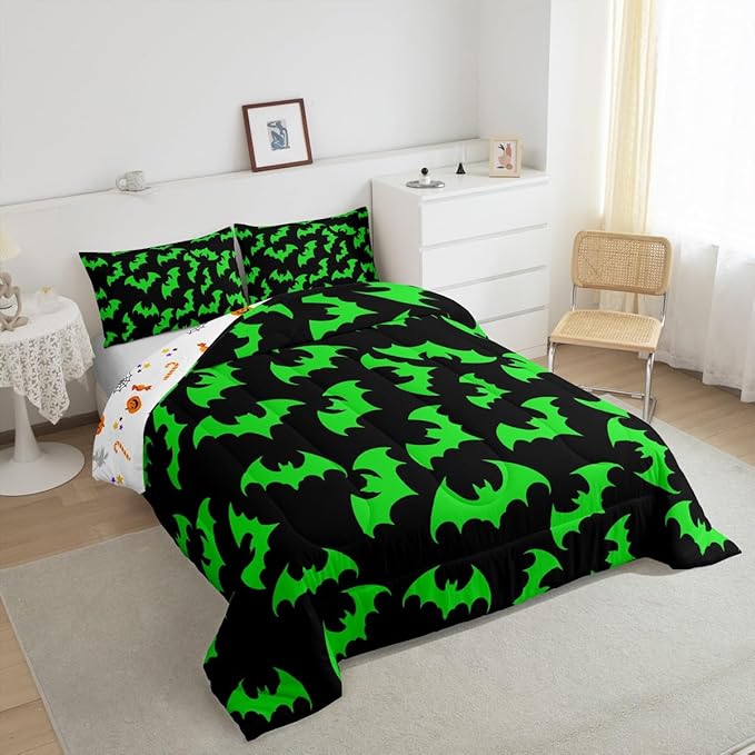 Erosebridal Green Bat King Bedding Set Halloween Bat Comforter Set Spooky Goth Gothic Animal Bed Collections Horror Halloween Duvet Quilt Sets for Kids Teens Adults