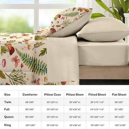 Nesker 7 Pcs Spring Comforter Set Full Size, Mushroom Fern Bedding Set for Kids and Adults, Butterfly Leaf Bed Sheet Sets with Fitted Sheet 2 Pillowcases & 2 Shams