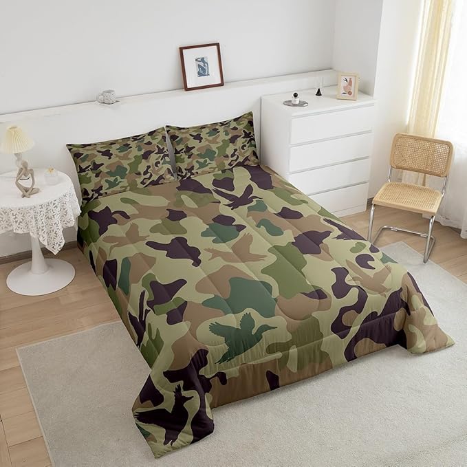 Erosebridal Camo Comforter Set King Size Army Green Bedding for Kids Farmhouse Camouflage Hunting Comforter Vintage Brown Room Decor Wild Duck Rustic Animal Duvet Set
