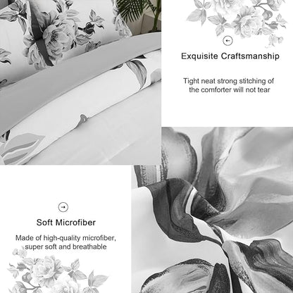 Drucon Grey Floral Comforter Set Queen 7 Pieces Bed in a Bag Botanical Floral Comforter Soft Microfiber Grey Bedding Set Queen Size Bed with Sheet and Pillowcase
