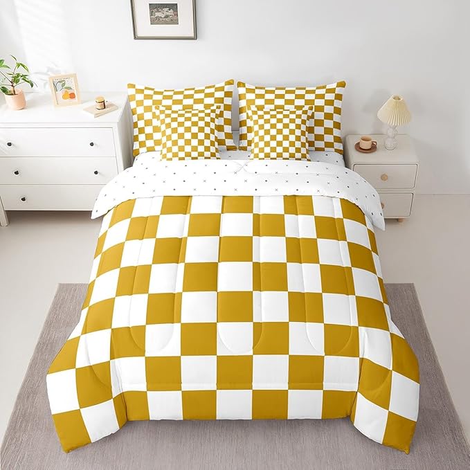 Feelyou Checkered 7 Piece Bedding Set Teen Yellow White Plaid Decoration Comforter Set with Sheets Twin Size Kids Boys Cute Retro Neutral Grid Geometric Bed in a Bag Vintage Aesthetic Room Decor