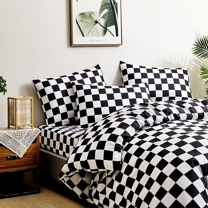 Houseri Black and White Comforter Set Queen Plaid Black Grid Comforters Queen Size Teen Boys Men Modern Black White Checkerboard Bedding Comforters Sets Buffalo Plaid Checkered Queen Comforter Set
