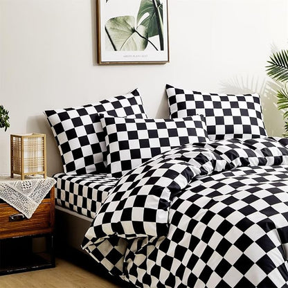 Houseri Plaid Comforter Set - Full Size Teen Boys Black and White Buffalo Checkered Bedding Comforters and Blanket Quilts