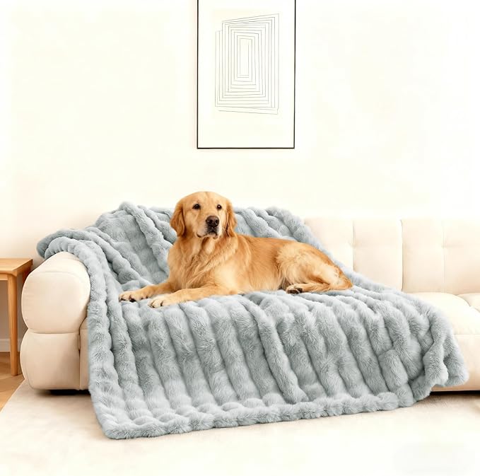Waterproof Dog Blanket for Sofa Bed Couch, Couch Cover Blanket Fluffy Faux Rabbit Fur Reversible Furniture Protection, Pet Blanket for Medium Large Dogs Cats