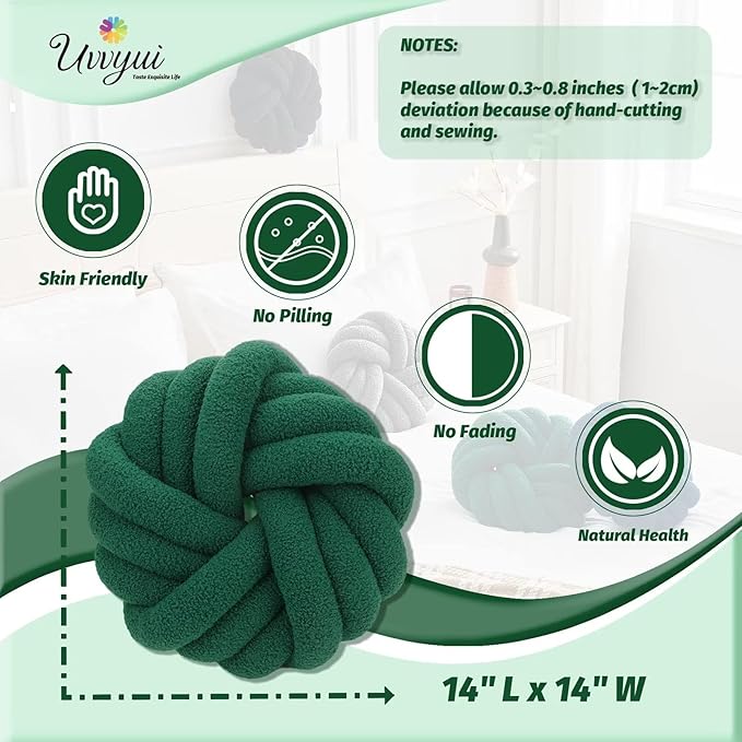 Uvvyui Knot Pillows, 14 Inch Decorative Throw Pillows Round Pillows Cushion, Soft Handmade Knotted Ball Pillow Plush Cushion Home Decor for Bed Couch Living Room (Dark Green, 14 Inch)