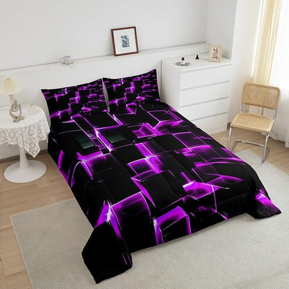 Erosebridal Purple Black Geometric Comforter Set King Size 3D Stereoscopic Square Bedding, Glowing Neon Squares Bed Set 3 Piece Gradient Grid Plaid Soft Microfiber Down Comforter